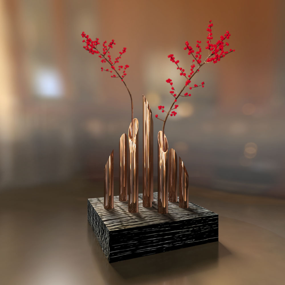 Koperen vaasjes in meerpaal hout - Afbeelding 2