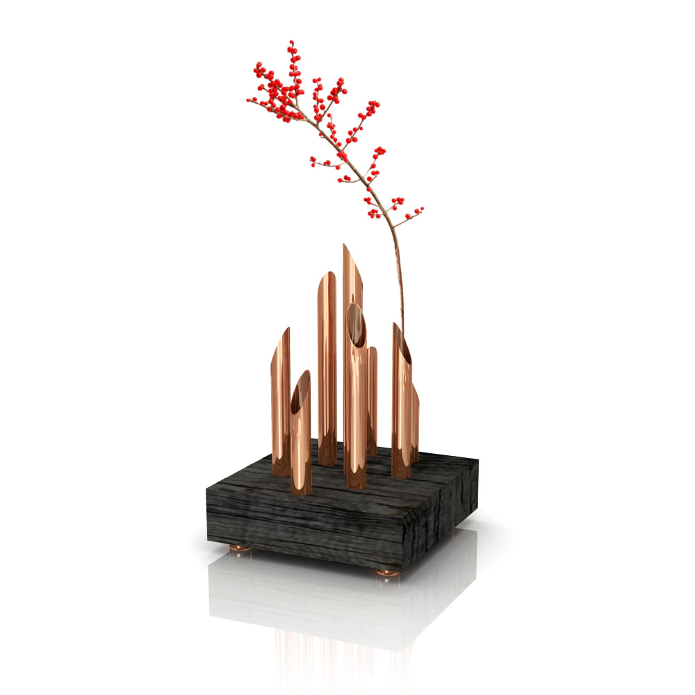 Koperen vaasjes in meerpaal hout